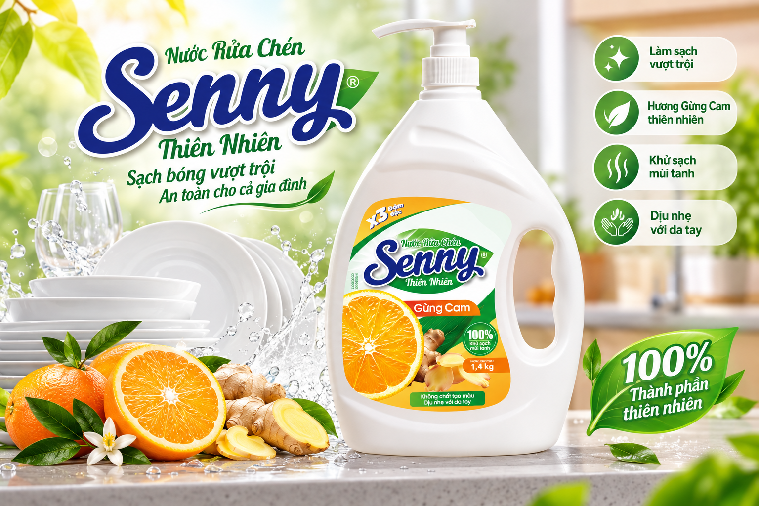 Nước Rửa Chén Senny Gừng Cam – Sạch Bóng Vượt Trội, Hương Thơm Tự Nhiên Cho Gian Bếp
