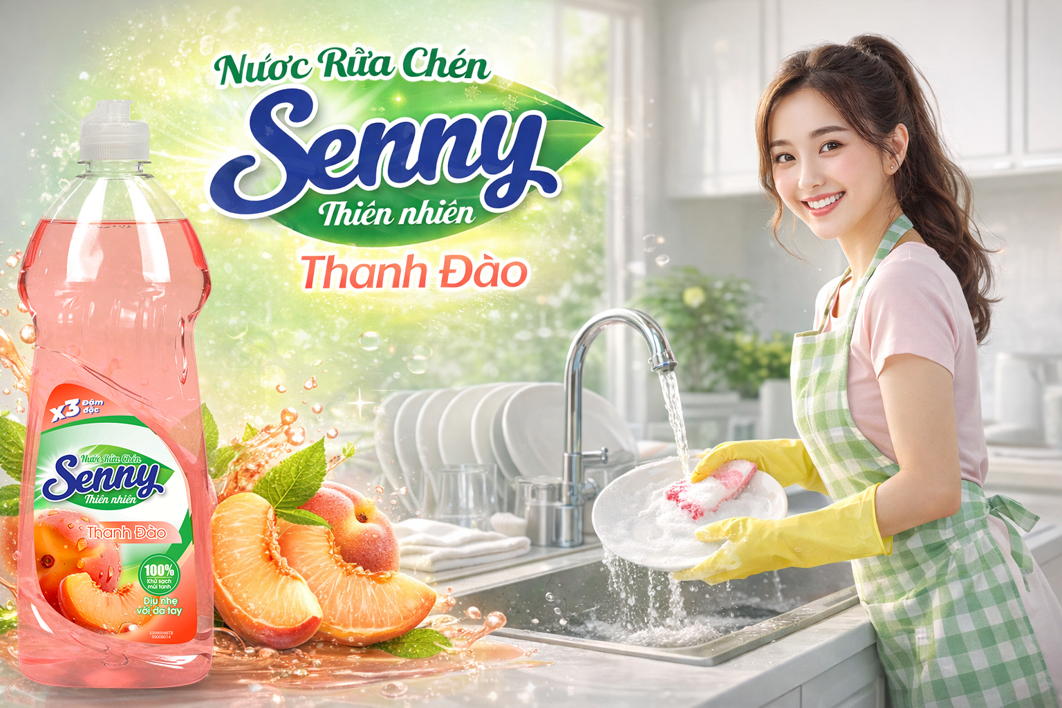 Nước Rửa Chén Senny Thanh Đào – Đánh Bay Dầu Mỡ, Lưu Hương Thanh Mát
