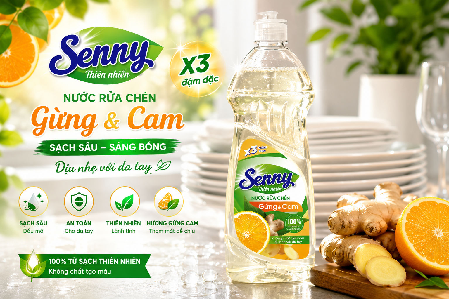 Nước Rửa Chén Senny Gừng & Cam – Sạch Sâu Dầu Mỡ, Hương Thơm Tươi Mát