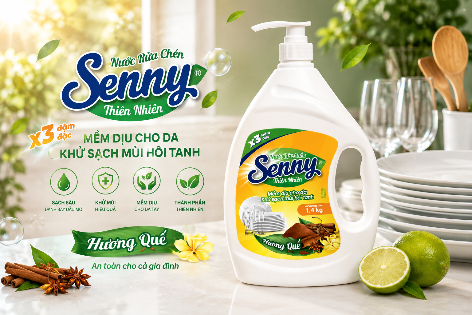 Nước Rửa Chén Senny Hương Quế 1,4kg – Sạch Sâu, Khử Mùi, Dịu Nhẹ Cho Da Tay