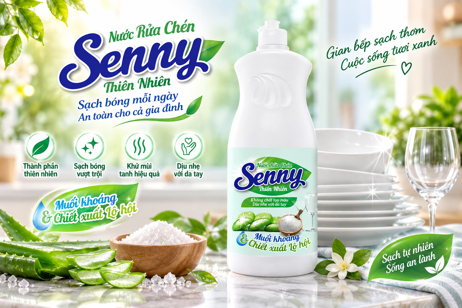 Nước Rửa Chén Senny Thiên Nhiên Muối Khoáng & Chiết Xuất Lô Hội – Sạch Bóng, Dịu Nhẹ Với Da Tay
